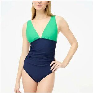 J. Crew Swimsuit V Neck Ruched One Piece Green and Navy Color Block